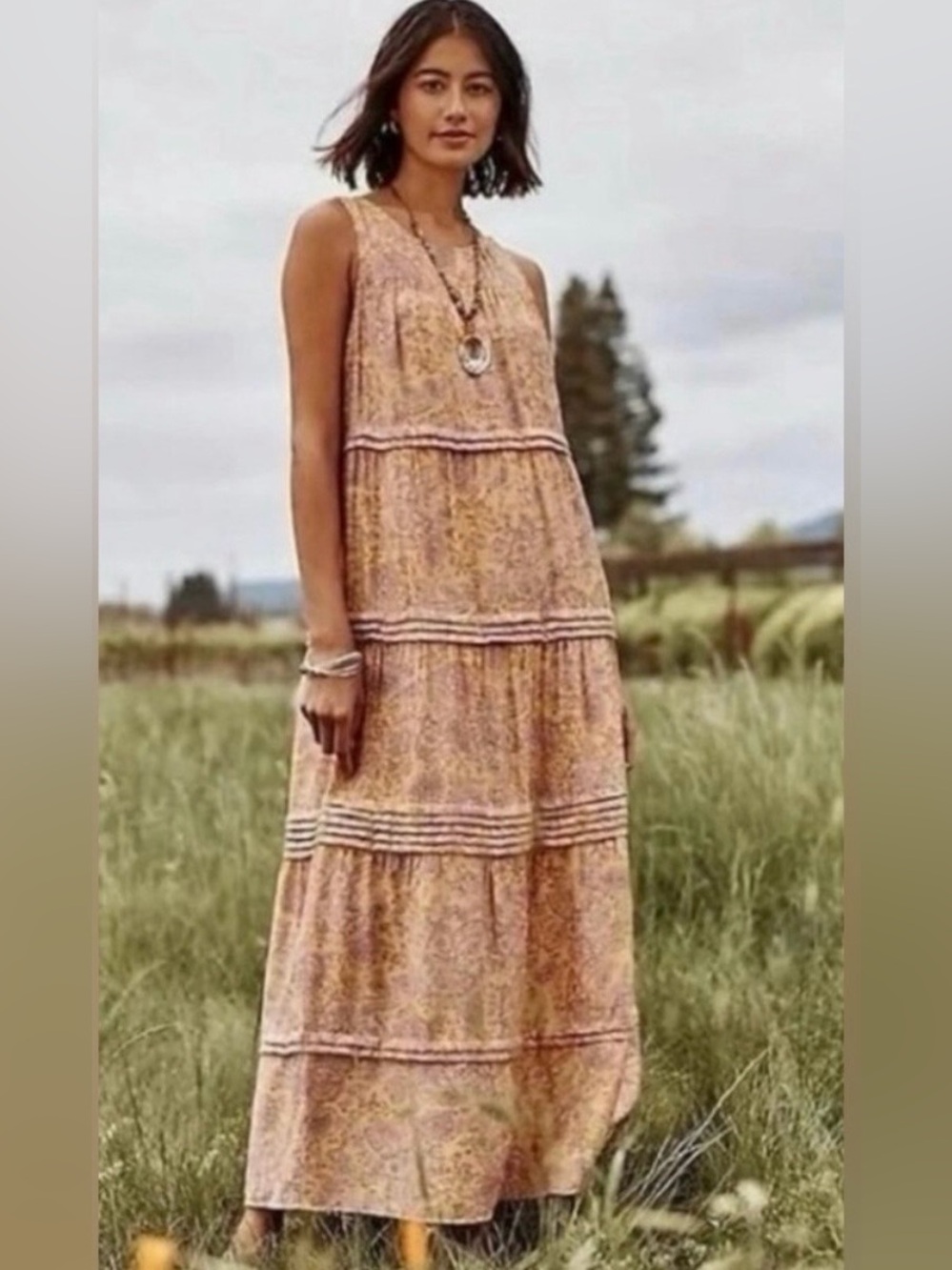 J.Jill Yellow Purple Paisley Pleated Tiered Sleeveless Maxi Dress Size Large